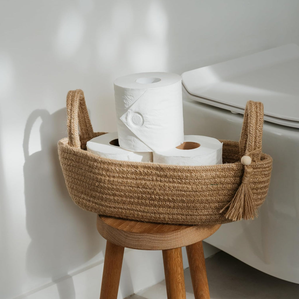 Skiennix Decorative Toilet Paper Basket - Stylish Bathroom Organizer for Tank Storage | Boho Jute Cotton Rope with Tassel