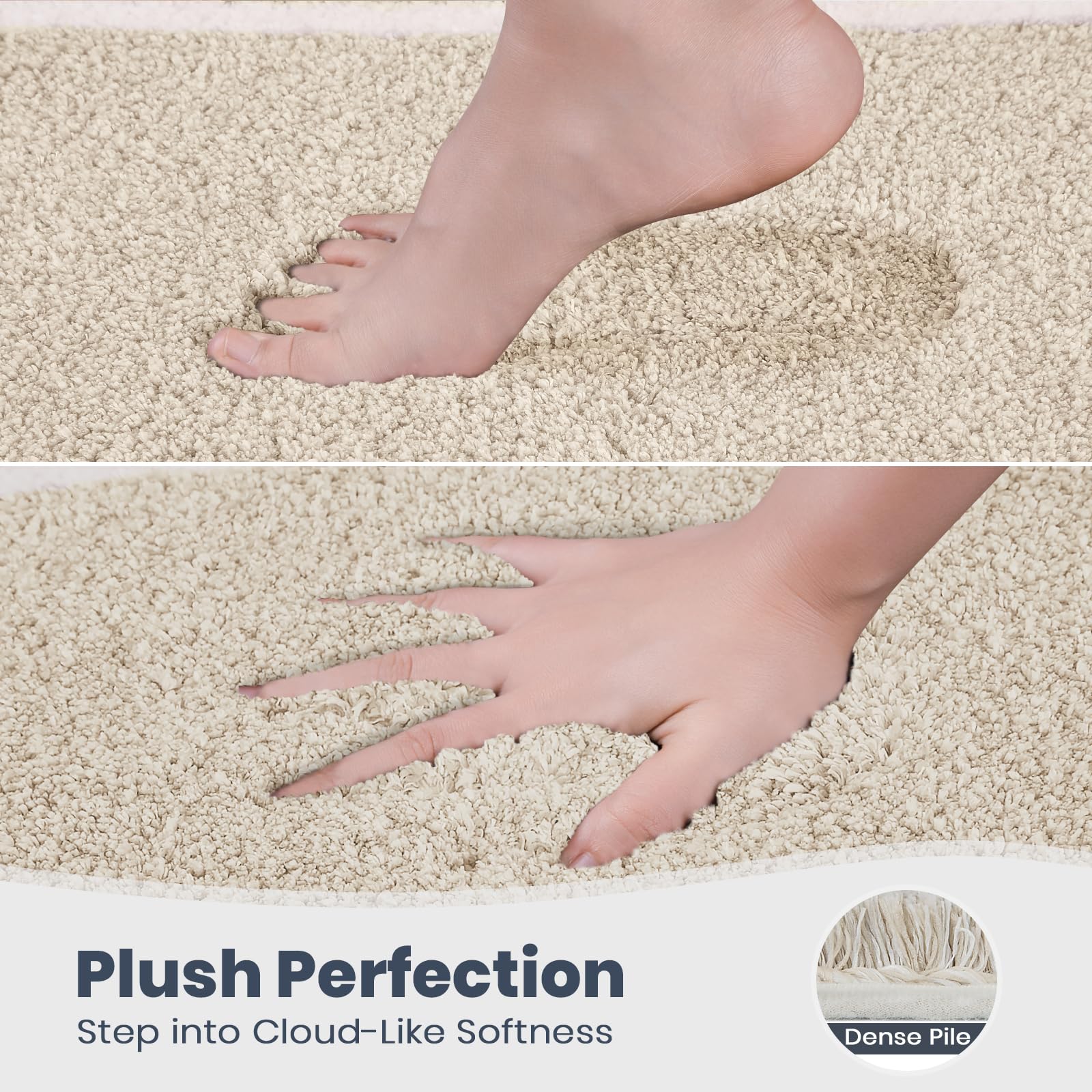 PURRUGS Bathroom Rug Non-Slip Machine Washable 20" x 24" U-Shaped, Super Absorbent and Quick Dry Shaggy Microfiber Bath Mat, Extra Soft and Plush Contour Rug for Toilet Base, Beige