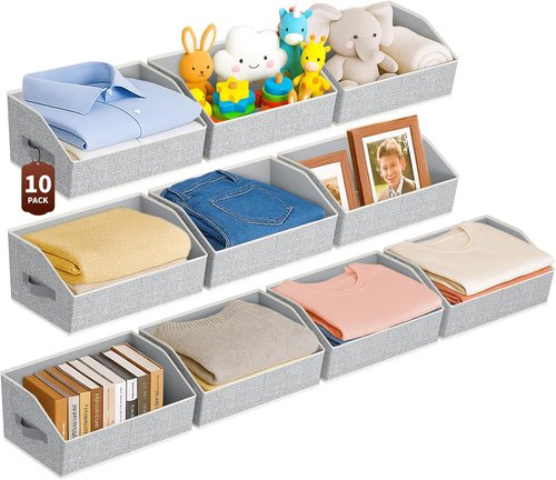 Homsorout Large Closet Organizers - 10 Pack Foldable Trapezoid Storage Baskets with Handles | Beige