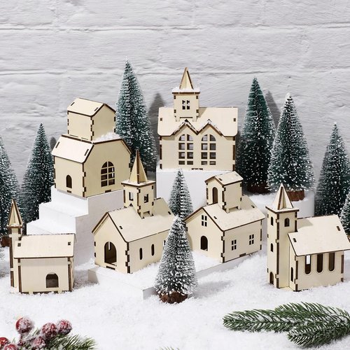 Hiboom 24 Pcs DIY Christmas Village Set - Rustic Wooden Houses & Church for Winter Decor