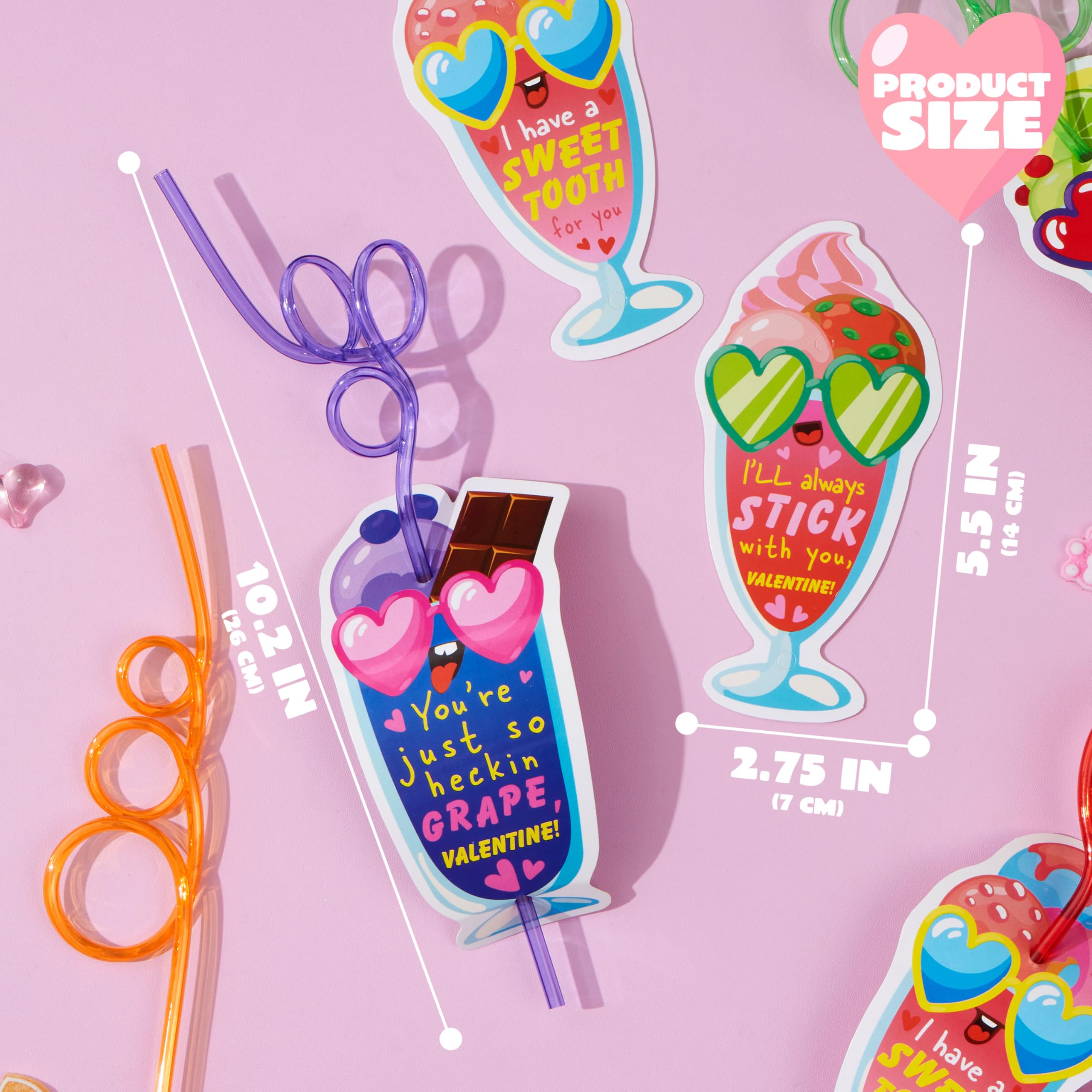 JOYIN 36 Pack Valentines Day Gift Cards with Colorful Loop Reusable Drinking Straws for Kids Valentine Party Favor, Classroom Gift Exchange, School Prizes