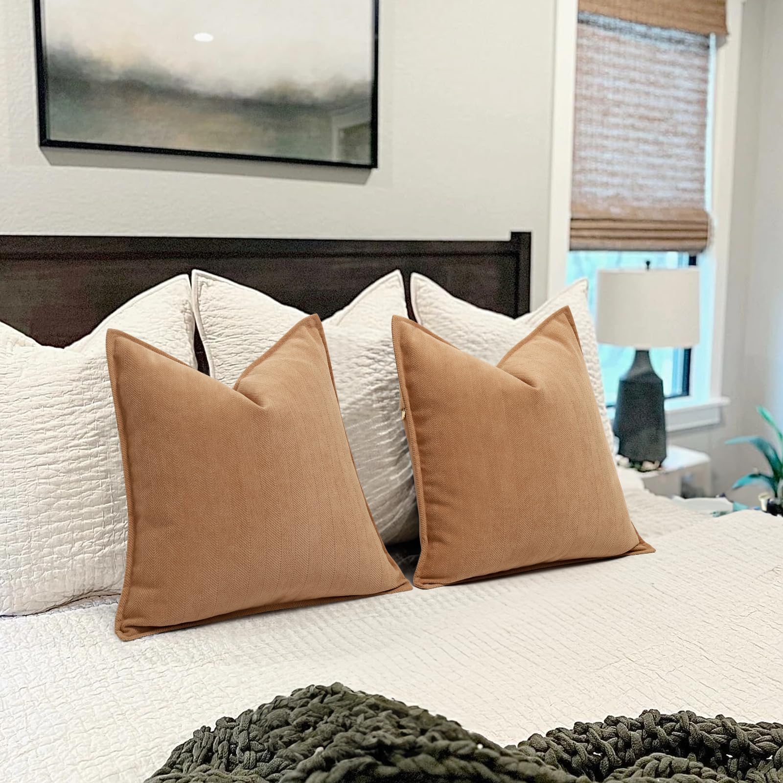 ZWJD Camel Pillow Covers 18x18 Set of 2 Chenille Throw Pillow Covers with Elegant Design Soft and Luxurious Decorative Throw Pillows for Couch, Bed, and Home Decor