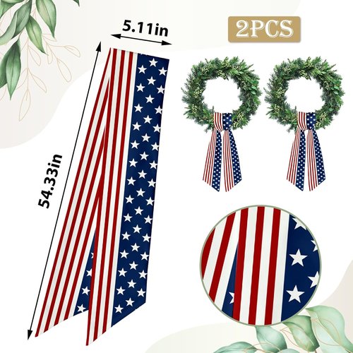2pcs Patriotic Wreath Sash for Front Door Red White Stripe Wreath Satin Sash Star Garland Ribbon Accessories for Wreath Yard Doorway Indoor Outdoor Bow Bridal Shower Home Decor,5.1 x 54.3