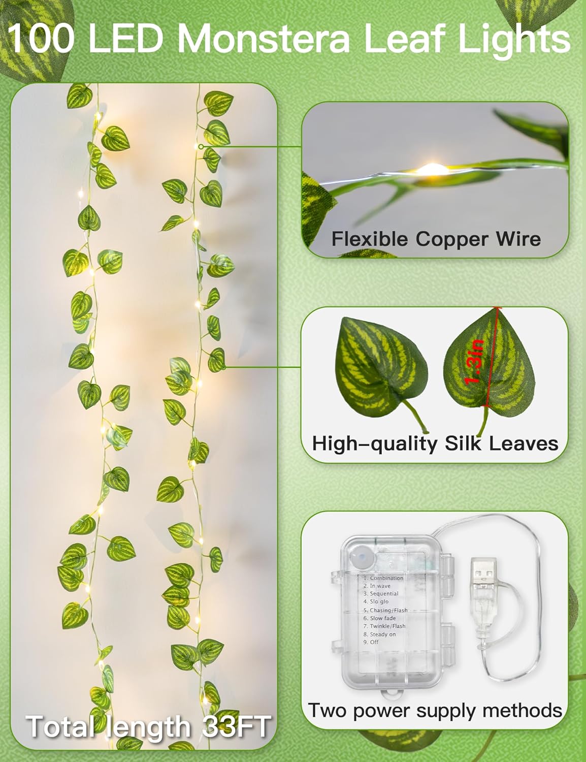 Suddus Vines String Lights - 33ft 100 LED Watermelon Leaves | Battery & USB Powered, Remote Control, Warm White