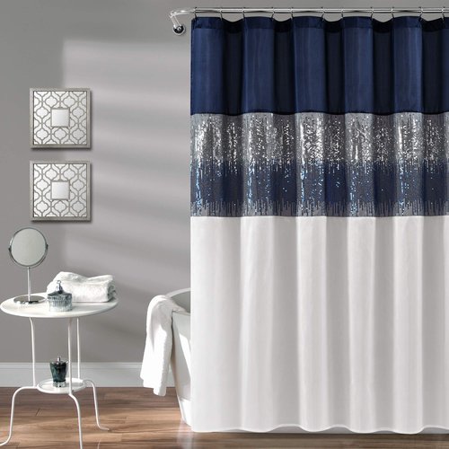 Lush Decor Night Sky Shower Curtain, Single, 72" W x 78" L, Navy & White - Sequin Shower Curtain - Sparkly Color Block Bath Curtain - Modern Glam Bathroom Decor - Extra Long Shower Curtain