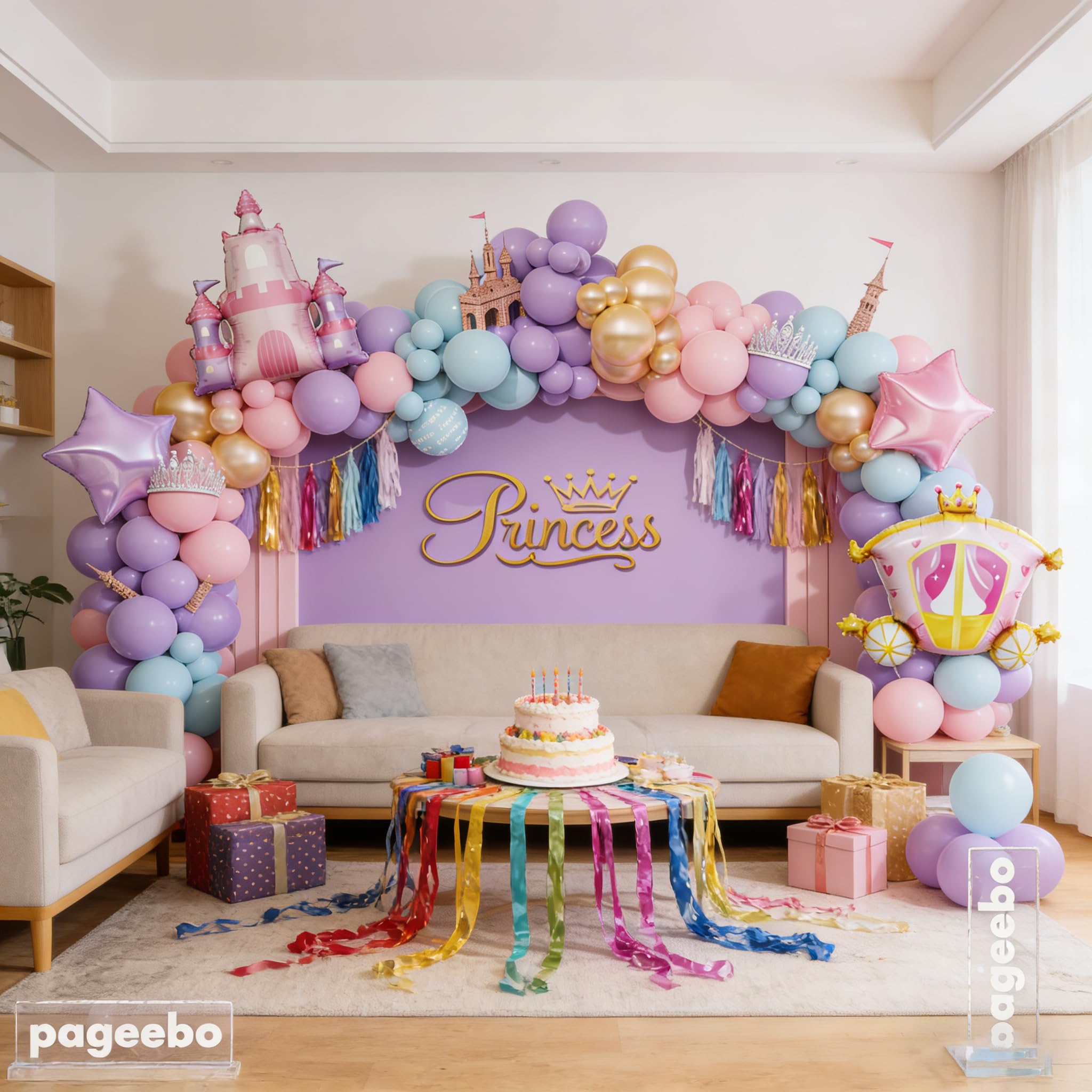 PageebO Princess Balloon Garland Arch, 154Pcs Pastel Blue Pink Purple Gold Balloons with Castle Carriage Star Foil Balloons for Girls Princess Rainbow Baby Shower Birthday Fairytales Party Decortion