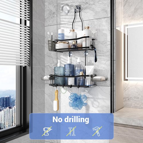 Aitatty Hanging Shower Caddy | Rustproof Bathroom Organizer Over Shower Head - Black, No Drilling Required