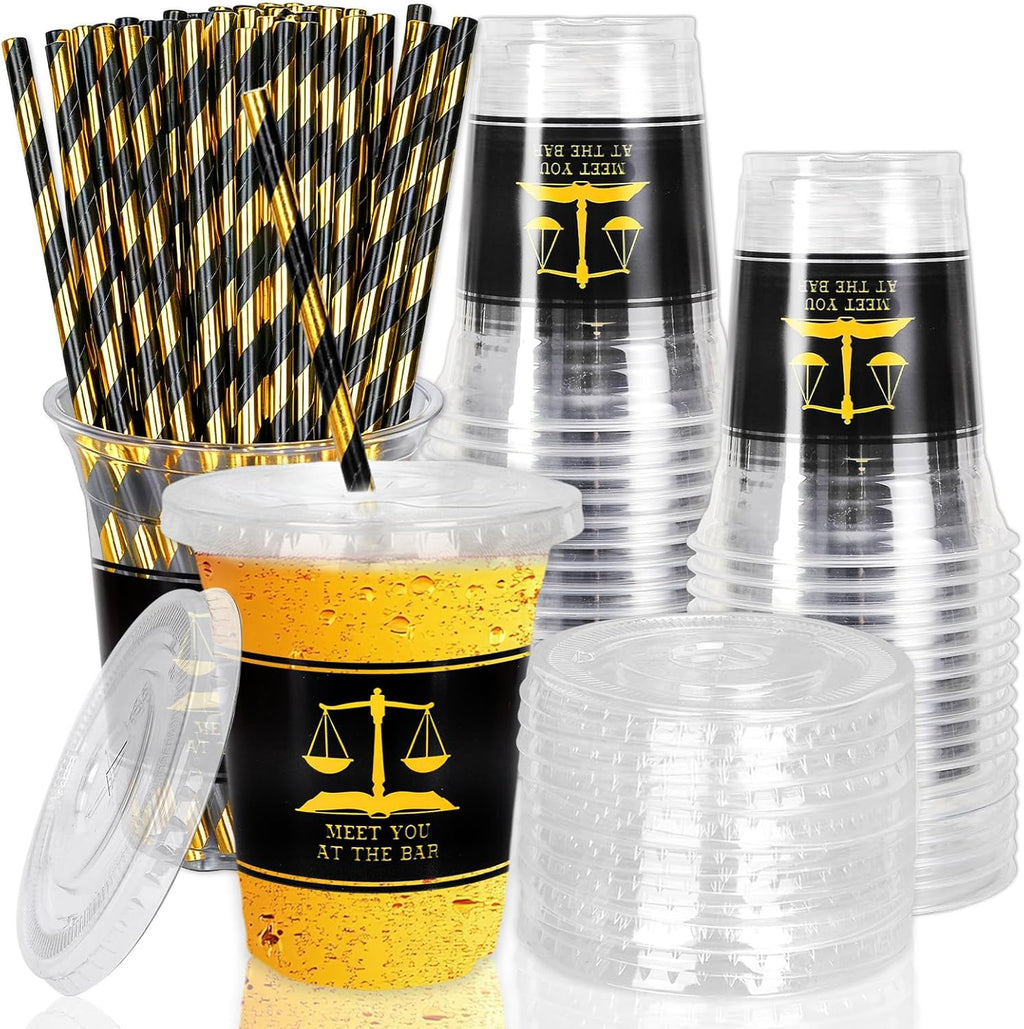 Whaline 50Pcs 12Oz Law School Graduation Cups - Disposable Plastic with Lids & Straws for Celebrations