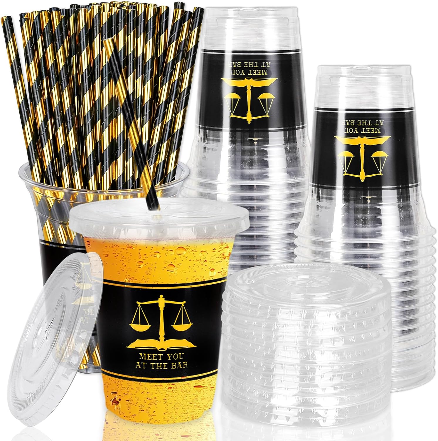 Whaline 50Pcs 12Oz Law School Graduation Cups - Disposable Plastic with Lids & Straws for Celebrations