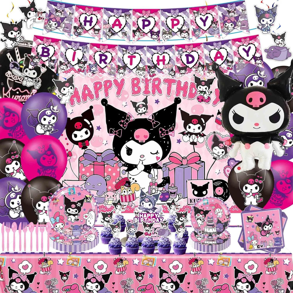 121Pieces Kuromi Birthday Party Decorations, Kids Cute Cartoon Party Supplies Include Happy Birthday Banner, Balloons, Tablecloth, Plates, Cupcake Toppers for Girls,Backdrop,