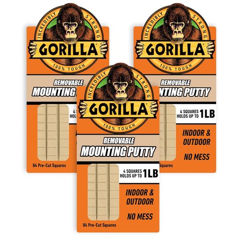 Gorilla Mounting Putty - Non-Toxic, Removable & Repositionable Wall Putty | Natural Tan, 84 Pre-Cut Squares (Pack of 3)