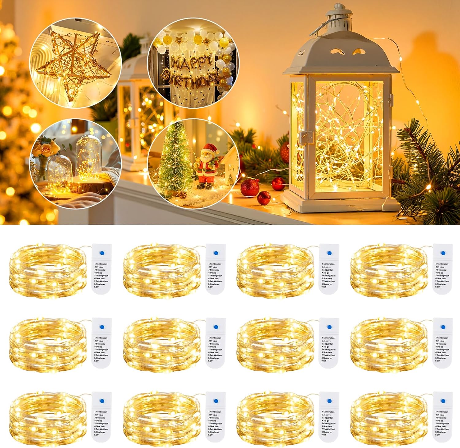 Minetom Fairy Lights - 12 Pack Battery Operated String Lights | 8 Modes, 7ft, 20LED Warm White, Waterproof Silver Wire for DIY Decor & Events