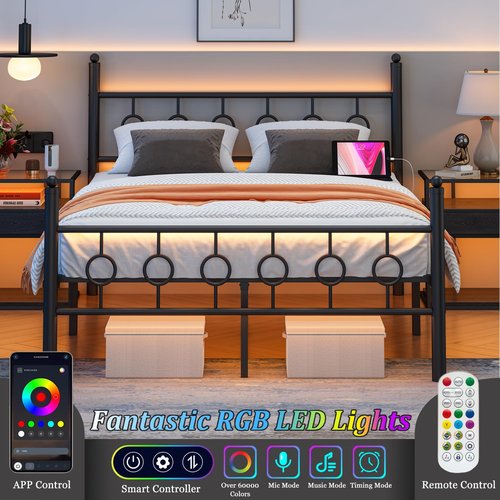 Jenmit Full Size Bed Frame with Headboard, Metal Platform Bed Frame with Charging Station & LED Lights, Storage Space Under Bed, No Box Spring Needed, Noise Free, Easy Assembly, Black