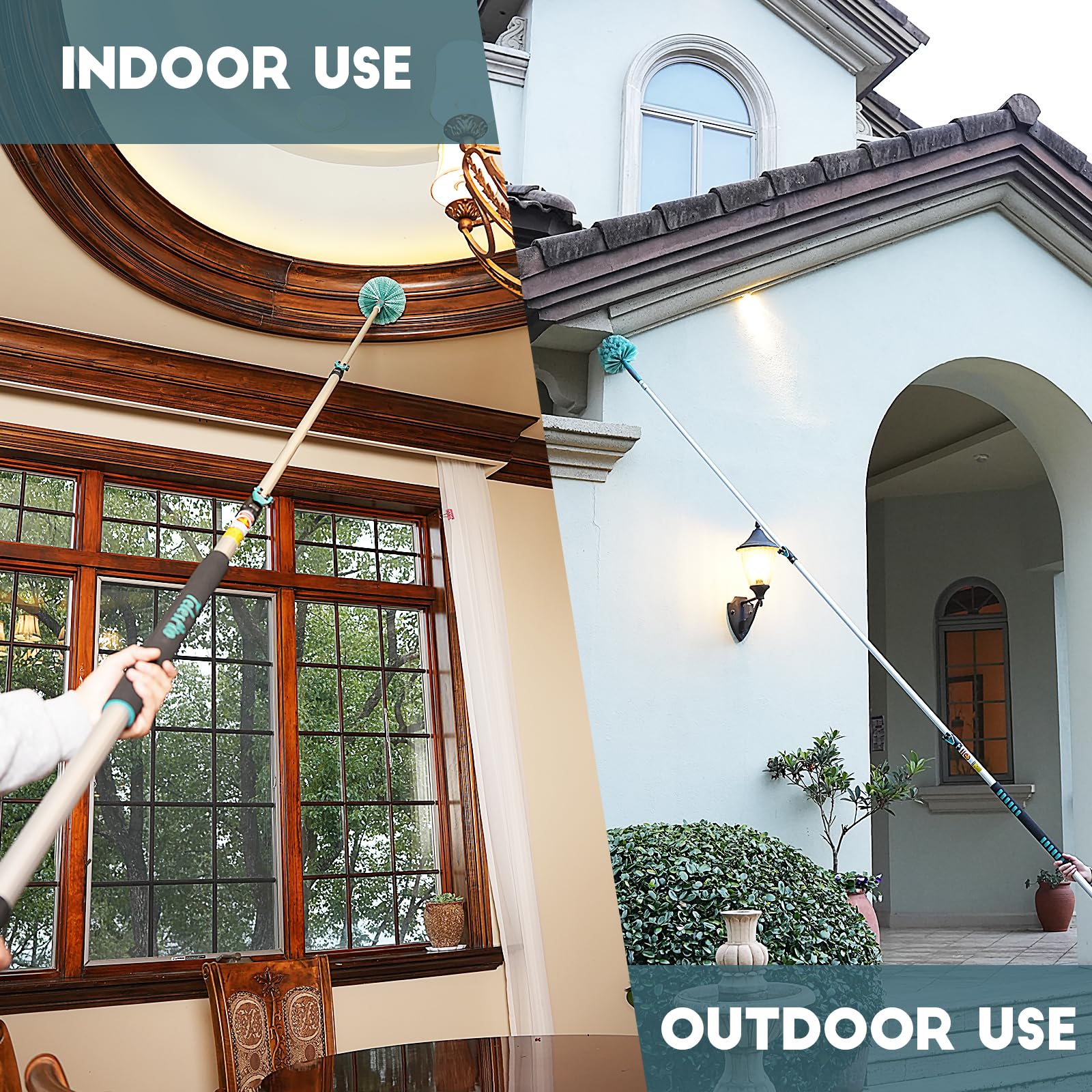TelesPro 20 Feet High Reach Cobweb Duster with 5-12Ft Extension Pole, Webster Cobweb Duster with 3-Stage Telescopic Aluminum Pole, Spider Web Brush for Outdoor & Indoor Cleaning - Soft Bristles.