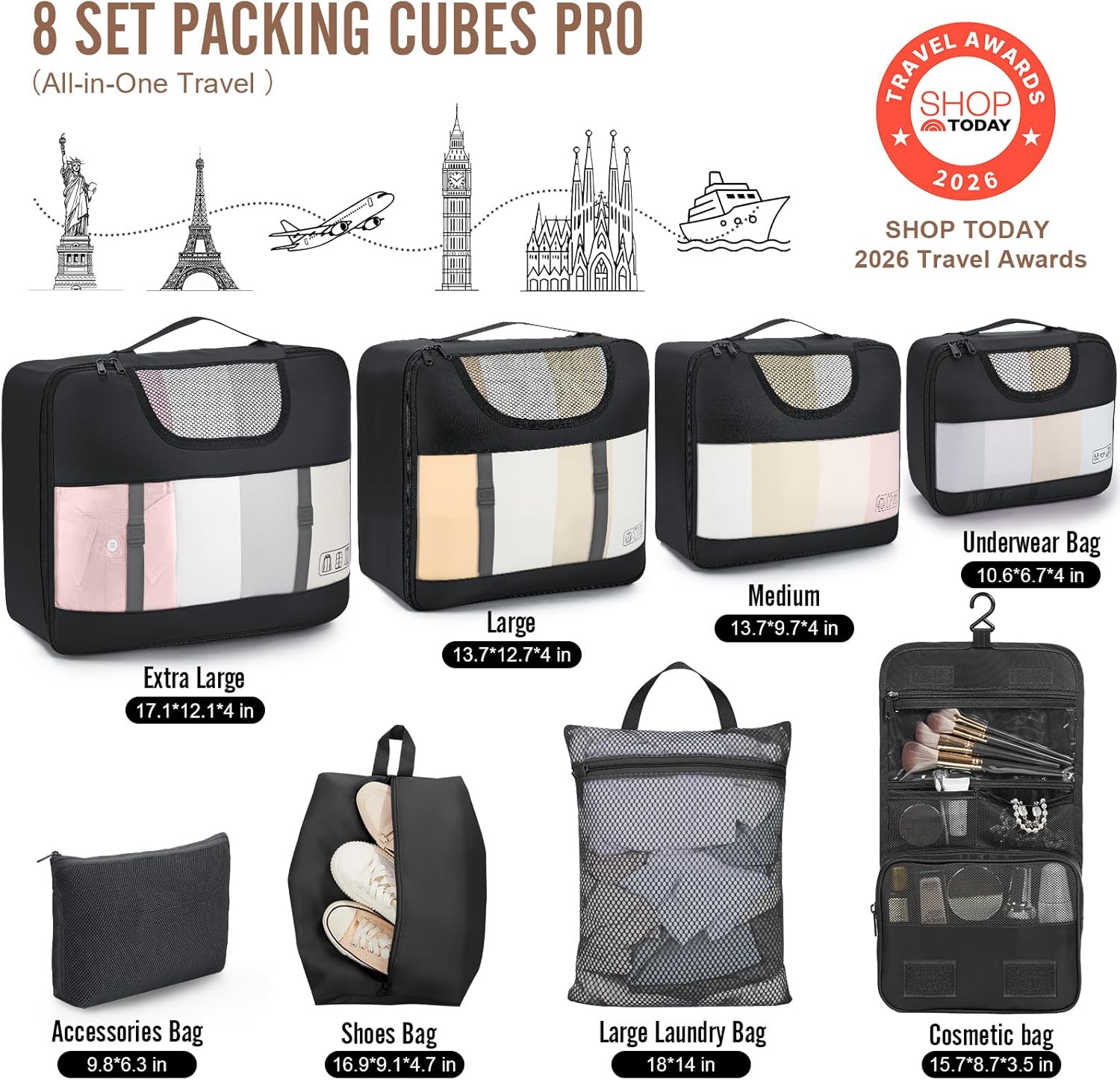 Veken Packing Cubes - Travel Organizer Bags Set with Laundry & Toiletry Bags | 10-Piece Set in 4 Sizes