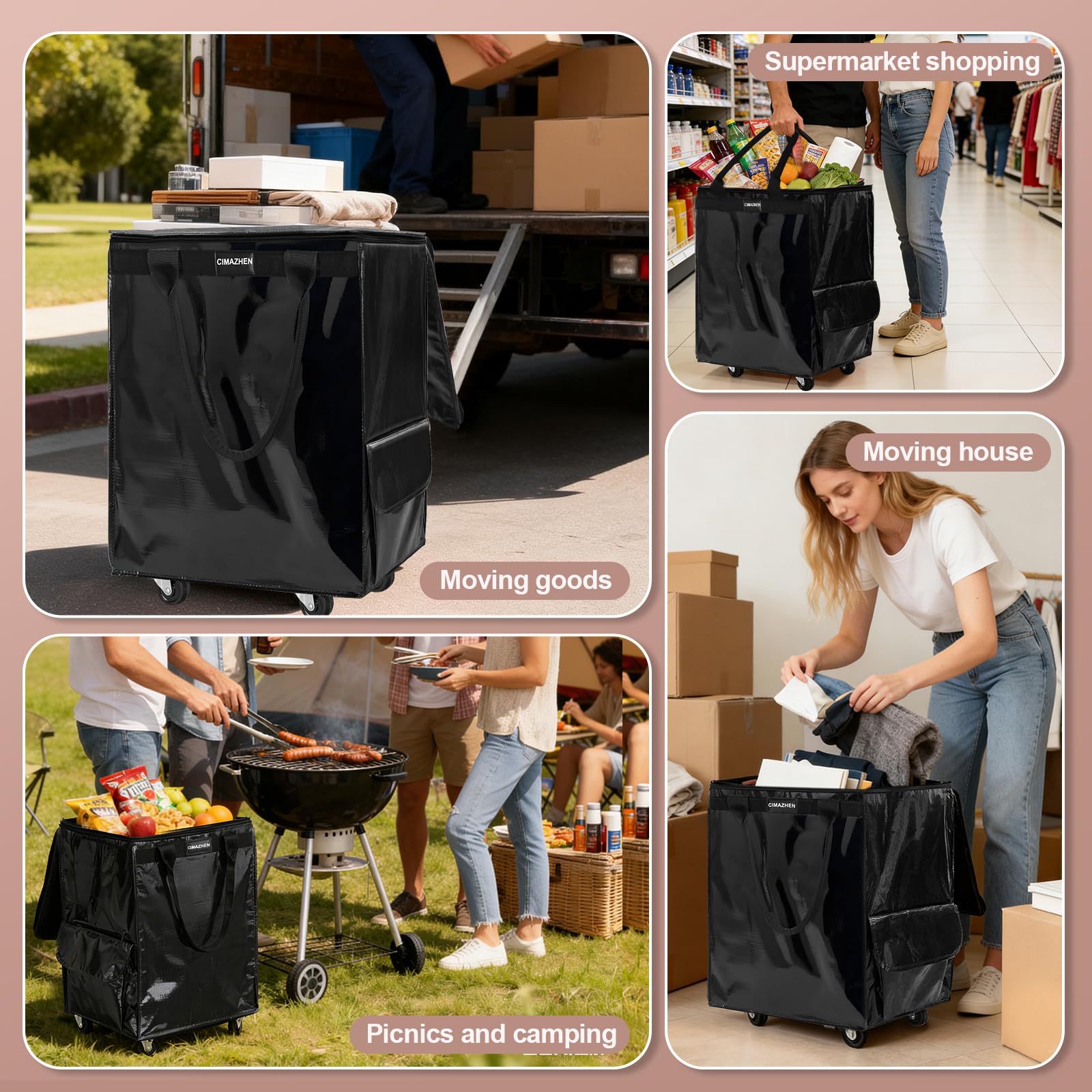 CIMAZHEN (Medium,Black) Reusable Grocery Bag on 4 Wheels, Foldable Rolling Tote Bag with 3 Handles and Zipper, Storage Organizer for Groceries, Rolling Shopping Cart for Travel, 76lb