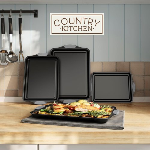 Country Kitchen Nonstick Bakeware Set - Durable & Easy Release, Stackable Design, Grey | 4 Pieces