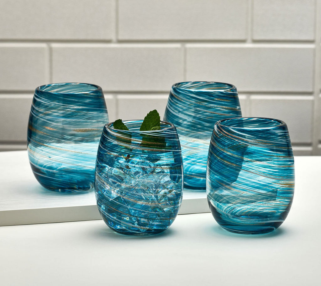 Mikasa Color Swirl Stemless Wine Glass, 4 Count (Pack of 1), Blue