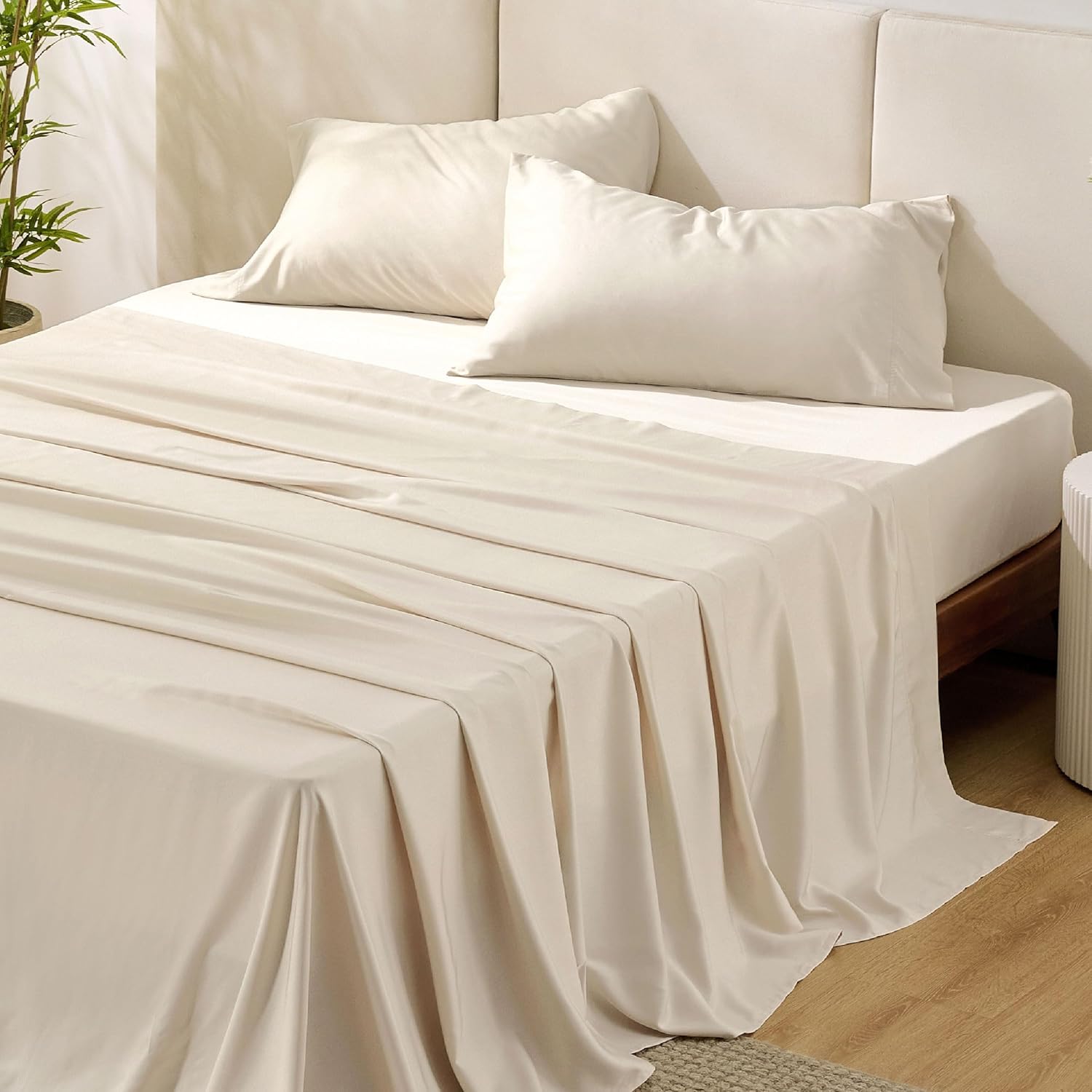 Bedsure Cooling Bed Sheets - Rayon from Bamboo, Breathable & Soft | Full Size, Deep Pocket Up to 16 Inches, Light Beige