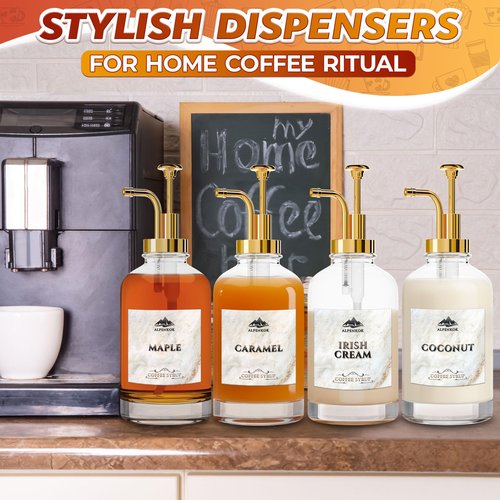 Set of 4 Coffee Syrup Bottles 16.9oz 500 ml – Coffee Syrup Glass Dispenser with 18 Marked Labels, Leak-Proof, Easy Cleaning – Coffee Station Accessories for Home Bar | Event Ready (Golden Pumps)