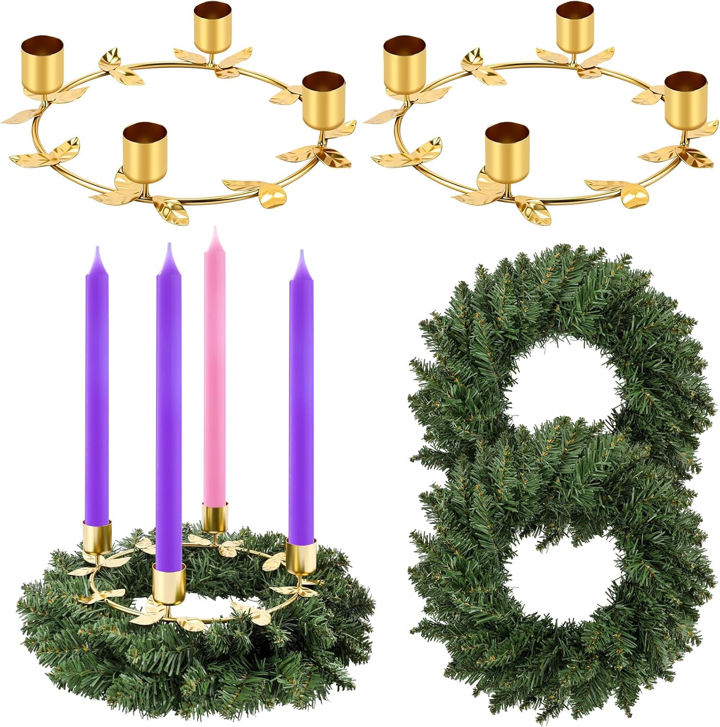 Norfolk Pine | 2 Pcs Christmas Advent Wreath Candle Holder - Gold Ring Design for Festive Table Centerpiece