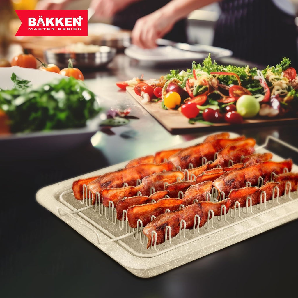 Skiennix Bacon Tray Set - Durable Non-Stick Cooking Tray with Marble Coating | 2-Piece White Stone & Carbon Steel