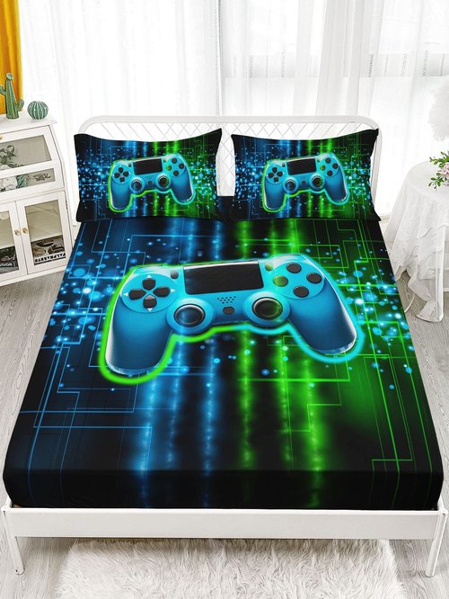 Datura home Video Gamer Sheet Set 4Pcs Kids Green Black Gamepad Modern Gamer Gaming Printed Sheet Set with 1 Flat Sheet and 1 Fitted Sheet + 2 Pillowcases for Boys(Gamepad Queen)