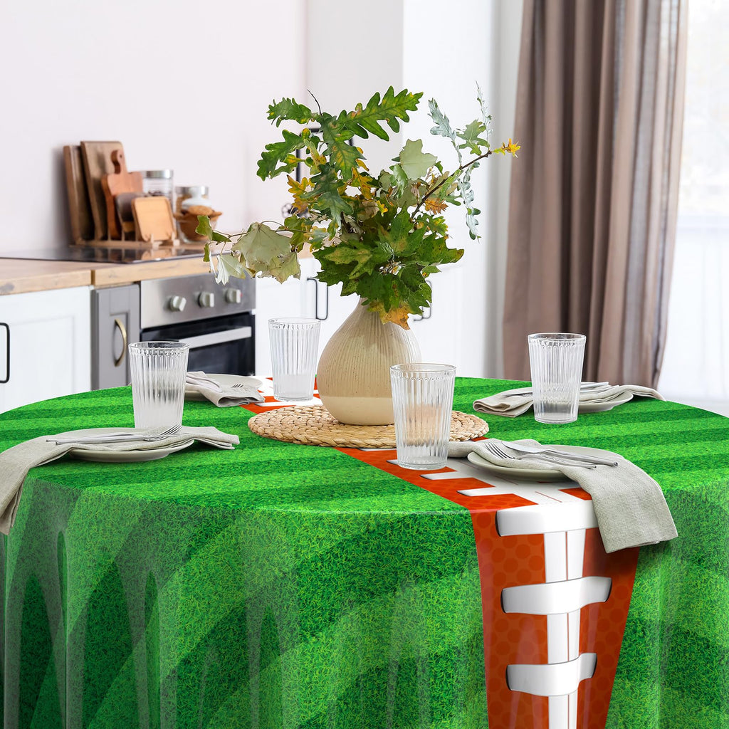 Oudain 12 Pcs Round Football Themed Tablecloths 84 Inch Football Field Tablecloth Green Grass Table Cover Plastic Sports Tablecloths Disposable Brown Ball Tablecloth for Birthday Party Supplies