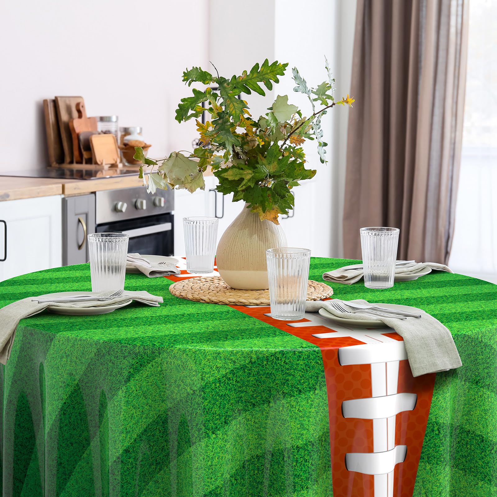 Oudain 12 Pcs Round Football Themed Tablecloths 84 Inch Football Field Tablecloth Green Grass Table Cover Plastic Sports Tablecloths Disposable Brown Ball Tablecloth for Birthday Party Supplies