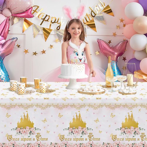 AIBIIN 3Pcs Princess Birthday Party Tablecloths Once Upon a Time Table Cover Floral Gold Castle Party Decorations for Girls Women Birthday 108 x 54 Inch