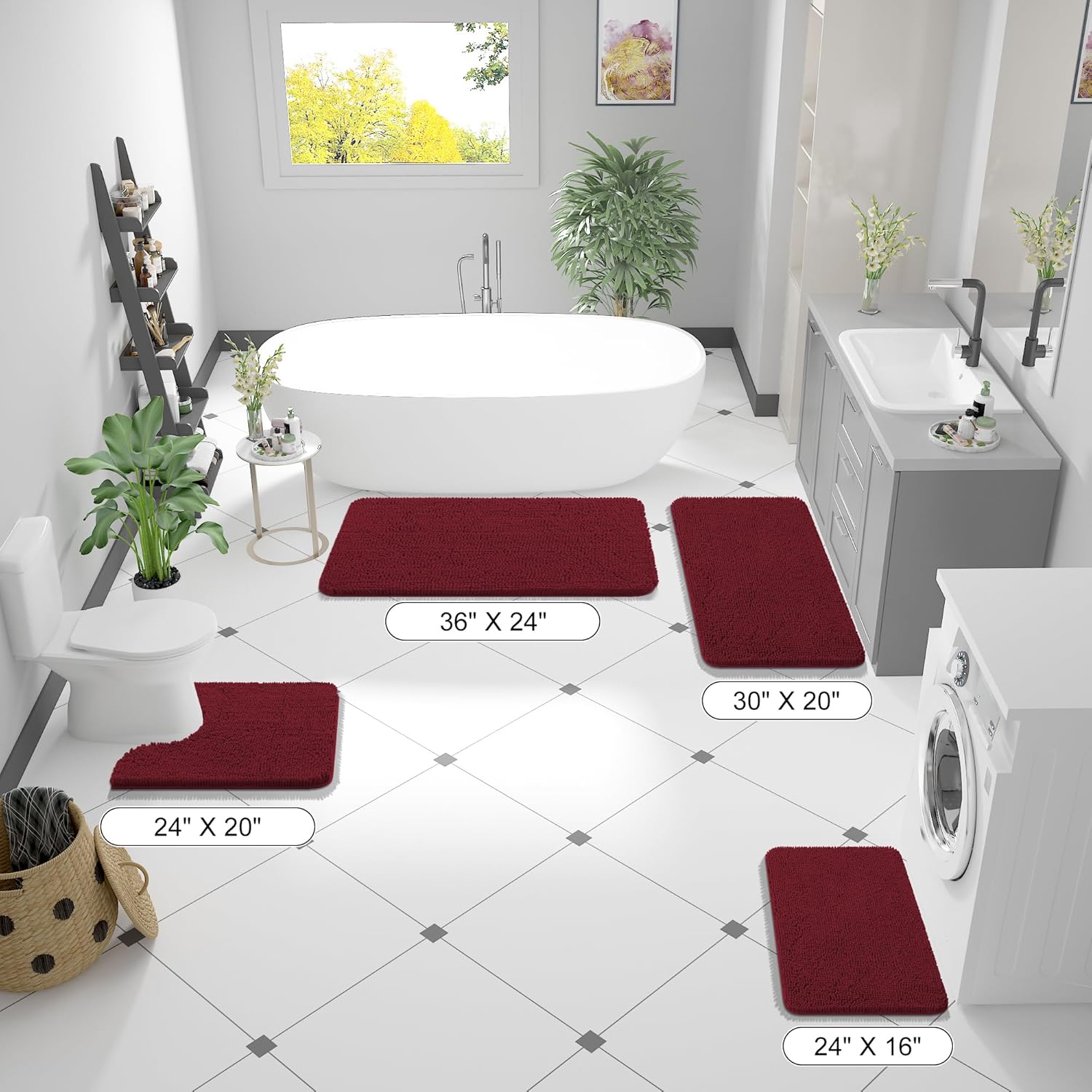 OLANLY Bathroom Runner Rugs - Soft Absorbent Chenille Bath Mat with Rubber Backing | 47x17 Inches, Burgundy