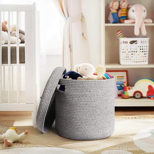 WILLITAT Storage Basket with Lid, Woven Blanket Storage for Living Room, Soft Cotton Rope Bin with Lid, Round Wicker Laundry Basket with Cover, Lidded Kid Dog Toy Box, Nursery Organizer, 15"x13", Gray
