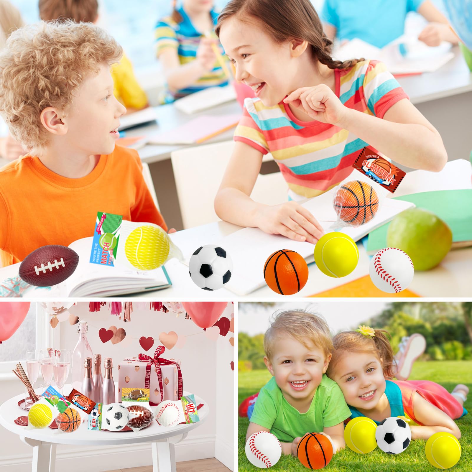 AouEtnay Valentines Day Gift Cards for Kids Classroom 20 Pack Mini Sports Stress Balls with Valentines Day Cards for Kids School Gift Exchange, Game Prizes, Valentines Party Favor Supplies