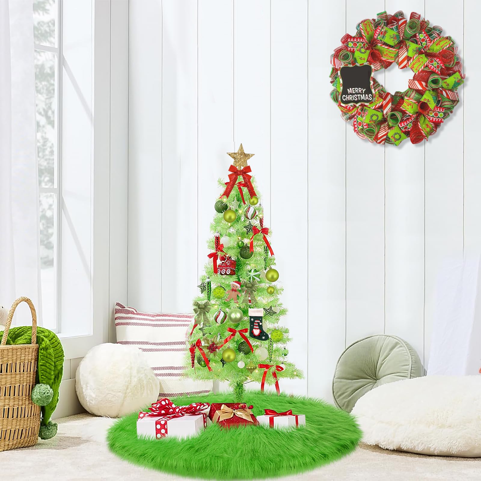 yuboo Spring Green Tree Skirt 48 inch, Large Fluffy Faux Fur Tree Skirt Decorations Ornaments for Artificial Trees 6-7.5 Ft, Furry Tree Rug Home Decor