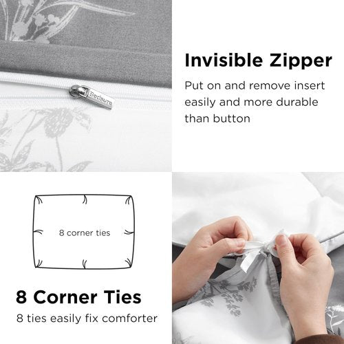 Bedsure Duvet Cover King Size - Reversible Floral Design | 3-Piece Grey Bedding Set with Zipper Closure & 8 Corner Ties