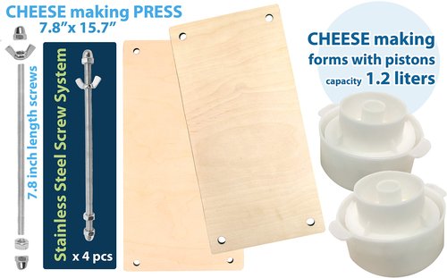 Wooden Cheese Press for Cheese Making Supplies 16in Metal Guides and 2 pcs Cheese Mold with Follower Piston 1.3Qt - large Home Supply Ultimate Cheese Press Machine - Prensa Para Queso Casero