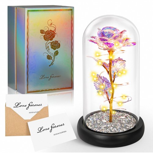 Valentines Day Rose Gifts for Her,Birthday Gifts for Women,Crystal Light Up Rose in A Glass Dome with Sparkling Base,Colorful Flowers Mothers Day Rose Gifts for Mom Wife Grandma Anniversary Christmas