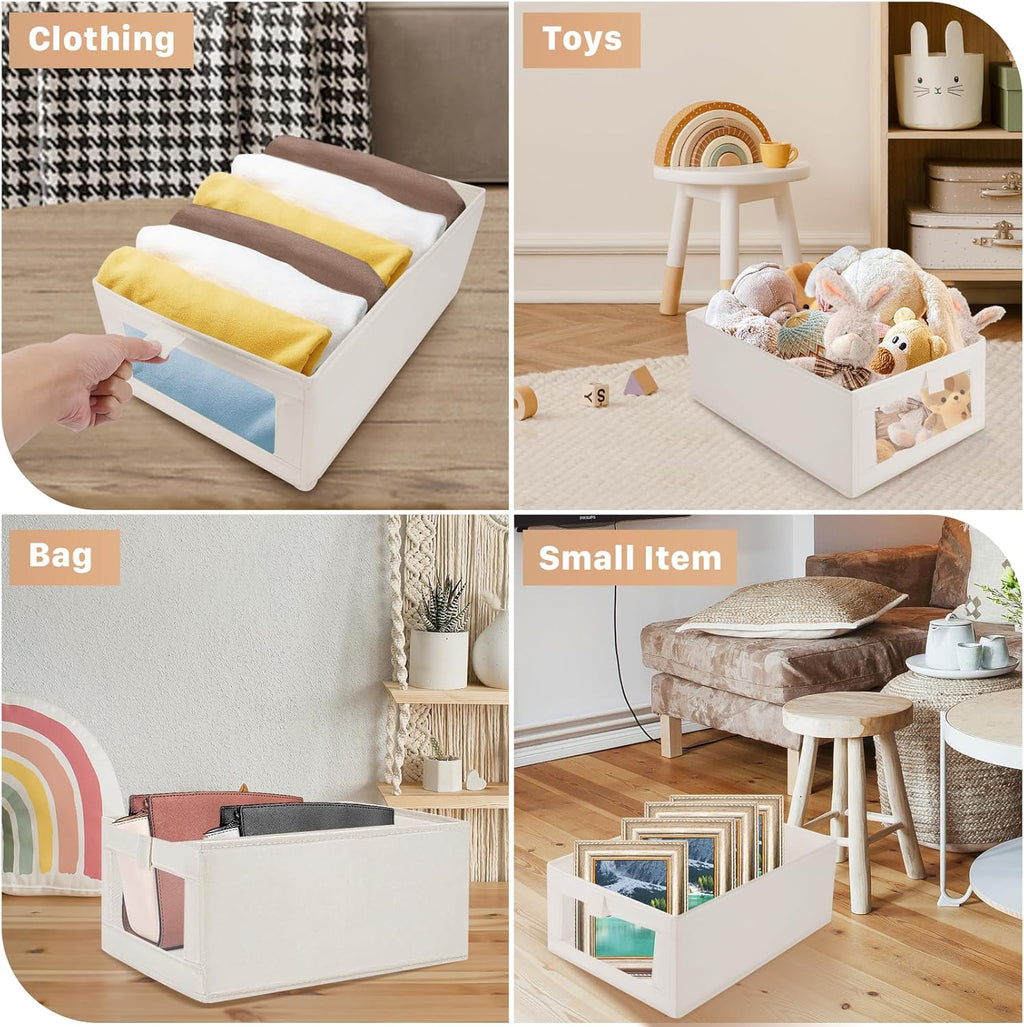 Skiennix Closet Organizer Bins - 4 Pack Foldable Linen Storage Baskets with Window | Beige