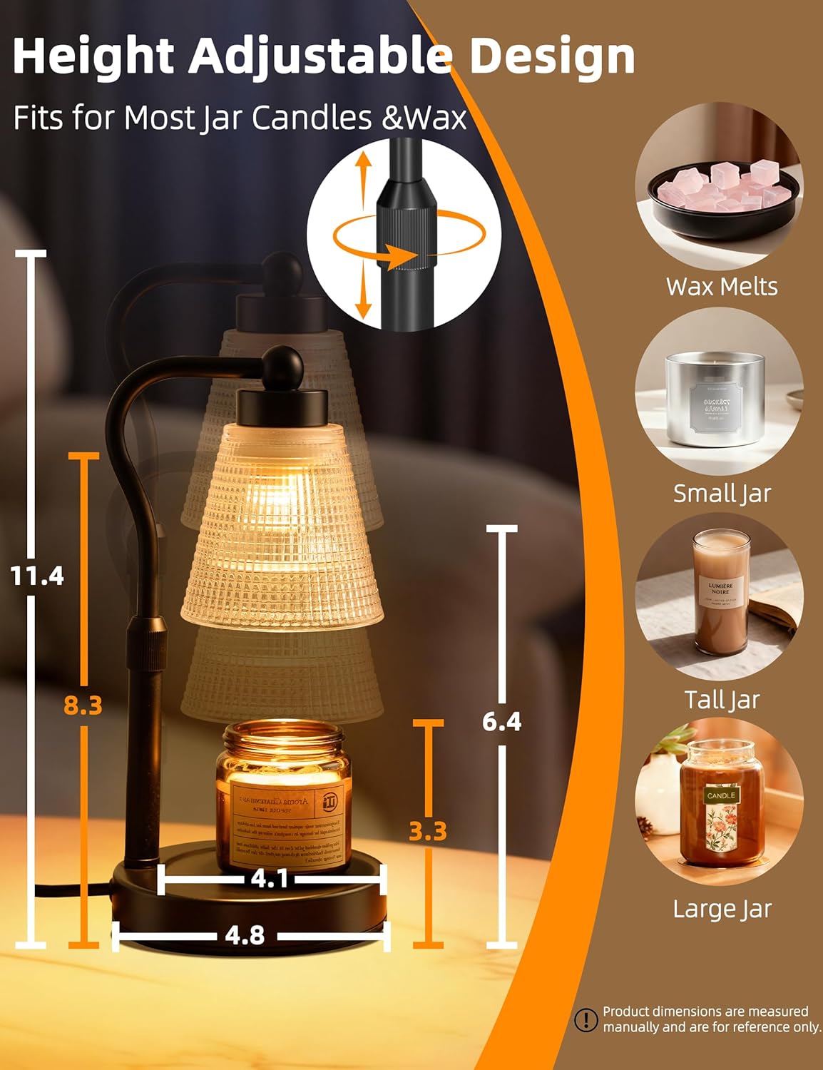 Skiennix Candle Warmer Lamp - Adjustable Height & Dimmable with Timer | Flameless Wax Melter for Home Décor, Black-Clear
