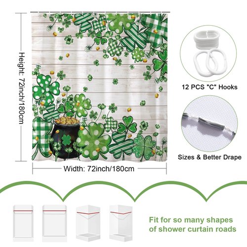 Baccessor Happy St.Patrick's Day Shower Curtain,Lucky Green Shamrock Clover Shower Curtain Bathroom Bath Home Decor Waterproof Polyester Fabric with Hooks 72 W x72 H Inch