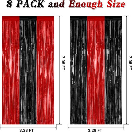 8 Pack Halloween Party Supplies - Red & Black Foil Streamers | Metallic Fringe Curtains Backdrop