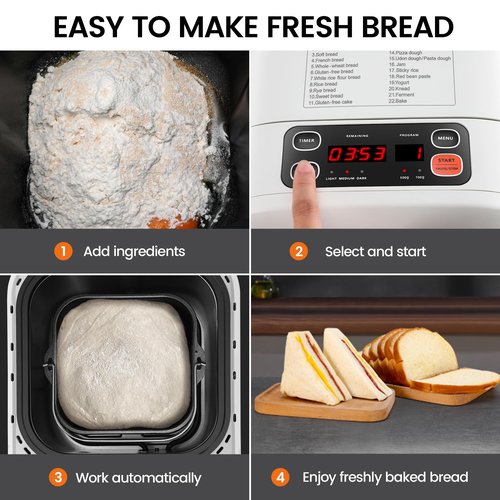 KOKUKAKU 22-In-1 Compact Automatic Bread Maker Machine, 1LB/1.5LB Programmable 2 Loaf Sizes, 3 Crust Colors, Small Digital Home Bakery with Dough, Cake, Jam, Yogurt, Non-stick Pan, White