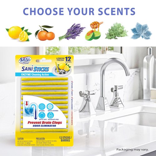 SANI 360° Sani Sticks Drain Cleaner and Deodorizer, 48 Count, Lemon Scent Enzyme Pipe Cleaners, Eliminate Odors, Prevent Clogged Drains, Safe for Sinks, Bathtub Drains, Septic Tanks