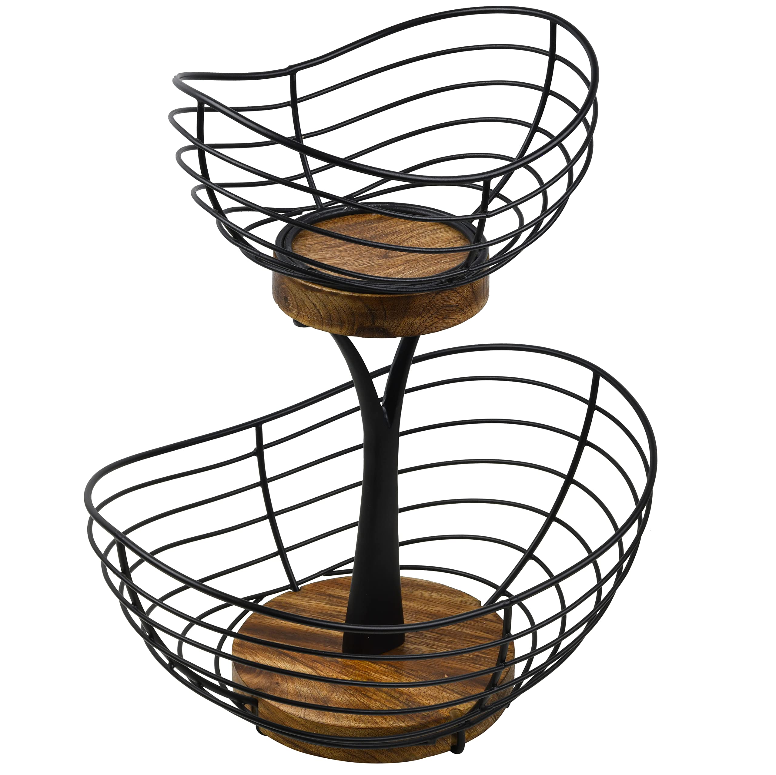 Tribello Modern Farmhouse 2 Tier Fruit Basket for Kitchen Counter, Vintage Wire and Wooden Base Fruit Bowl / Stand for Kitchen countertop Decor - Double Tree Fruit & Vegetables Basket