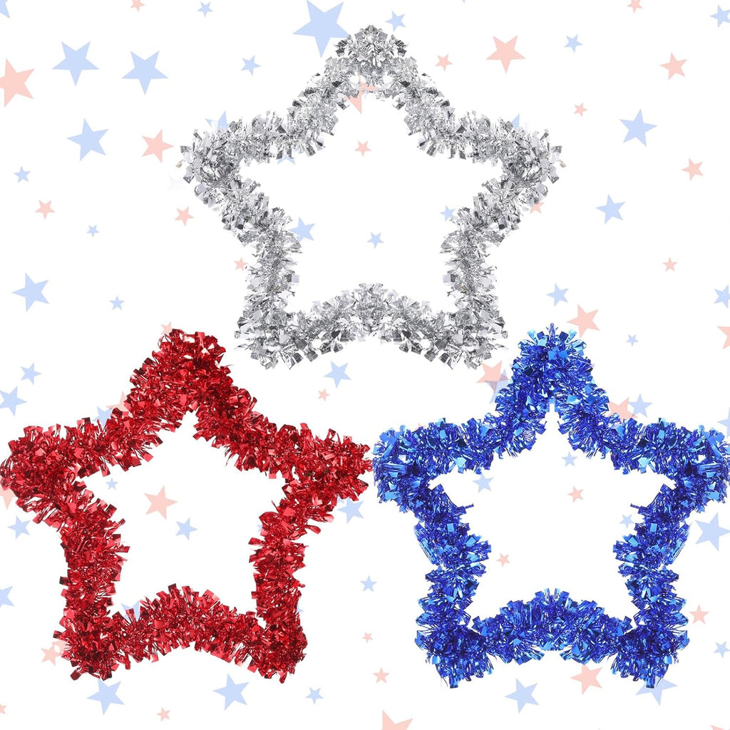Patriotic Tinsel Wreath by [Brand Name] - 3 Pcs Red, White & Blue Decor for Independence Day & Memorial Day