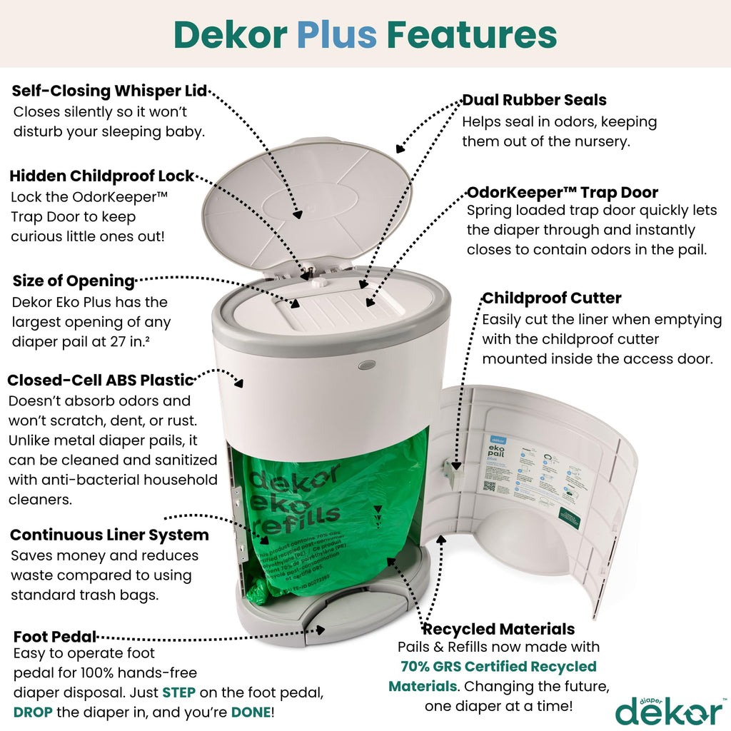 Diaper Dekor EKO Plus Diaper Pail Gift Set, White | ONLY Eco-Friendly Diaper Pail Made with 70% Recycled Materials | Comes with up to a Year's Supply Worth of Diaper Dekor Refills!