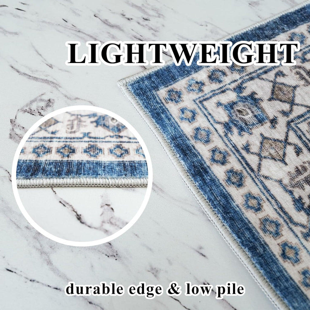 Skiennix Vintage Area Rug - Washable Soft Indoor Mat with Non-Slip Backing | 2x3 ft, Blue