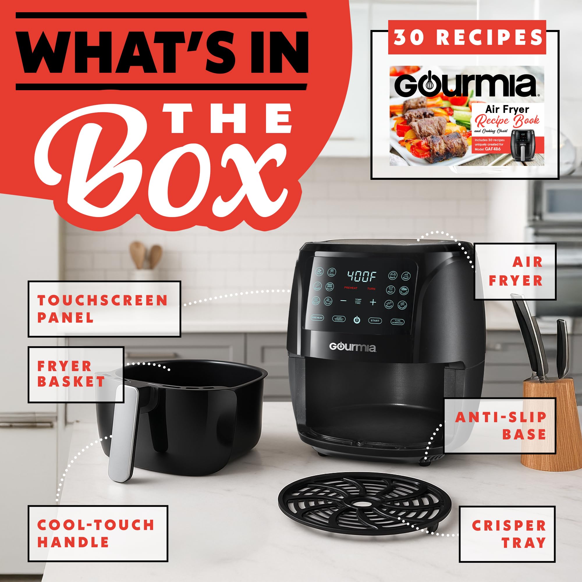 Gourmia Air Fryer - 6 Qt Large Capacity, FryForce 360º, Digital Display with 12 Presets, Roast, Bake, Broil, Dehydrate, Dishwasher Safe Accessories, Black