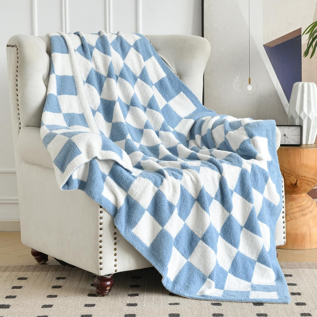 Skiennix Checkered Knitted Throw Blanket - Cozy Soft Plaid Design for Couch & Bed | 50"x60" Blue