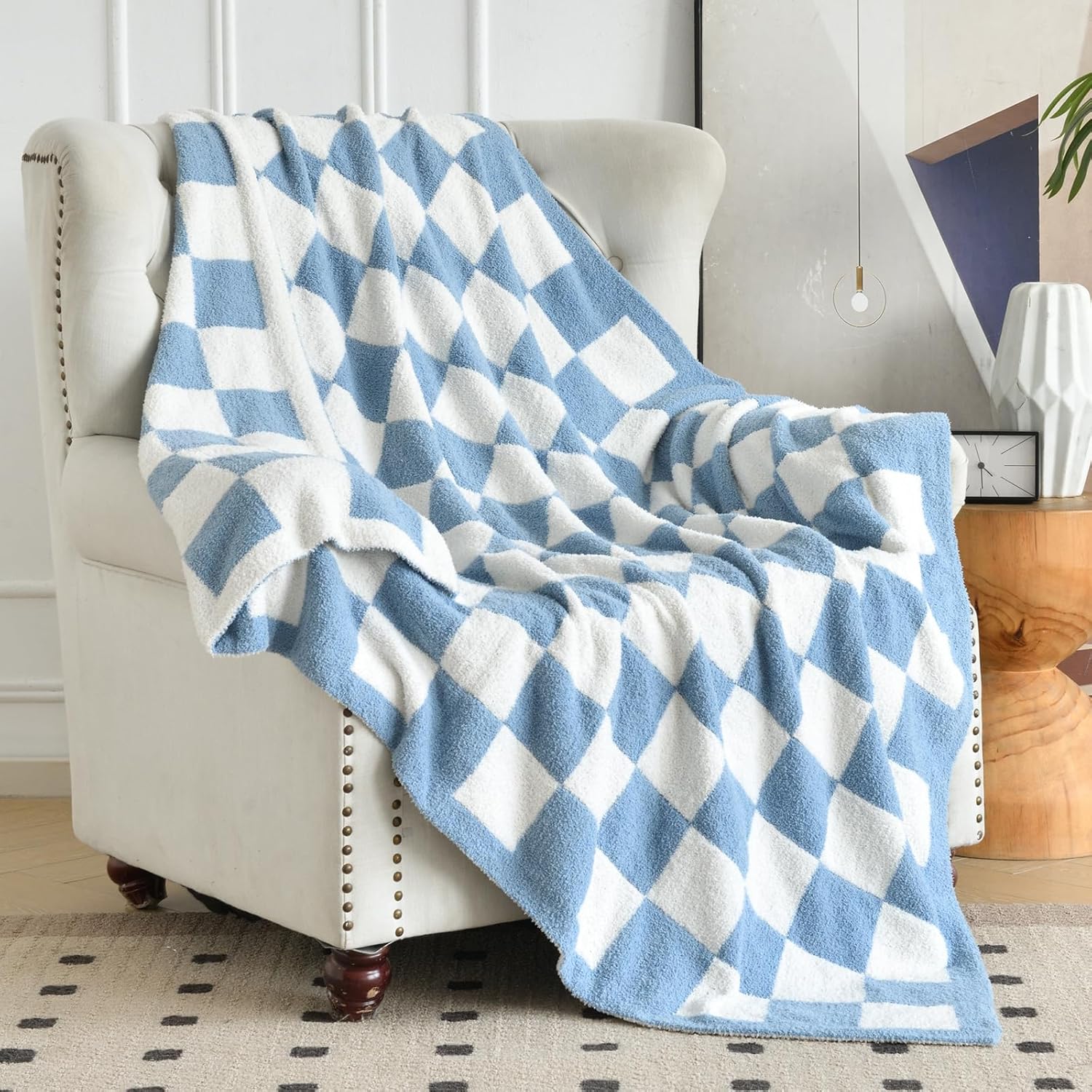 Skiennix Checkered Knitted Throw Blanket - Cozy Soft Plaid Design for Couch & Bed | 50"x60" Blue